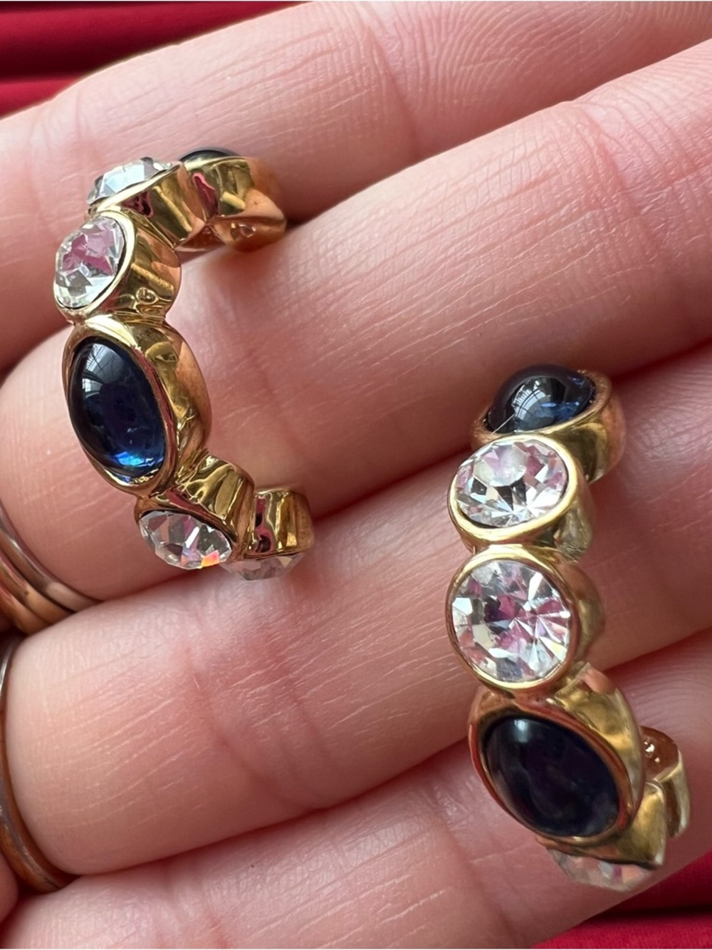 Gold Hoop Earrings with Blue and Clear Stones - Women Jewelry